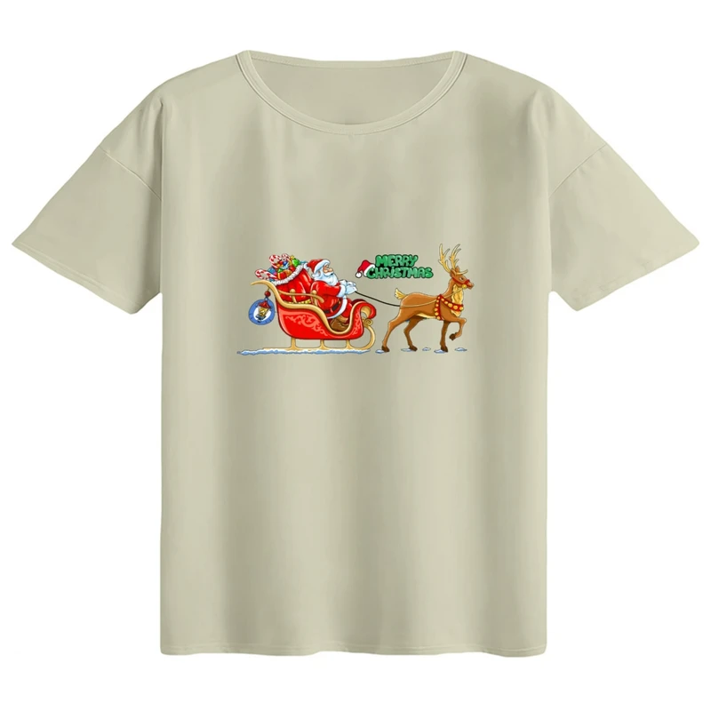 تی‌شرت اورسایز آستین کوتاه زنانه مدل باکسی طرح بابانوئل و گوزن کریسمس کد 2