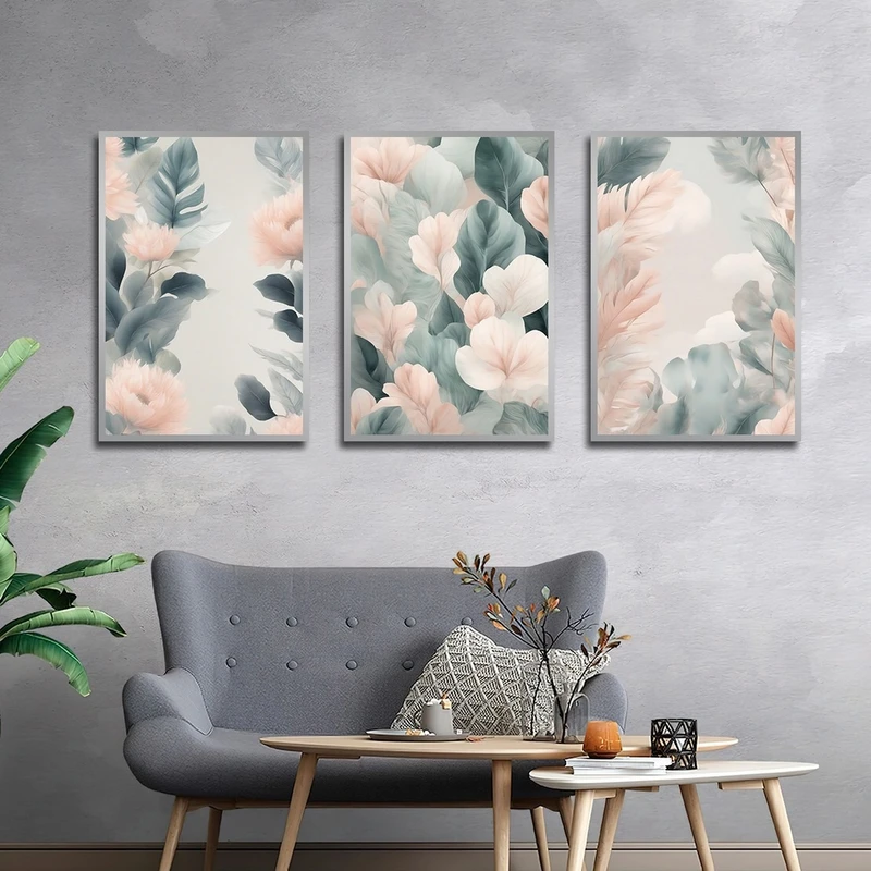 تابلو ساده بکلیت طرح آبرنگی گل مدل شاین اکلیلی SI-2798 فریم نقره ای مجموعه 3 عددی