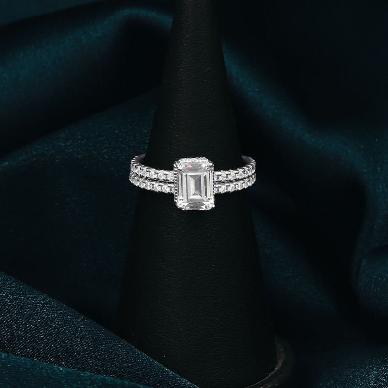 انگشتر نقره زنانه جی تی ای مدل تک نگین مجموعه 2 عددی