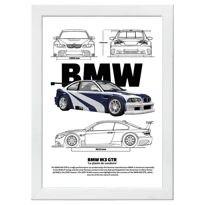 تابلو بکلیت طرح ماشین و خودرو بی ام و BMW M3 GTR مدل W-po1542 فریم سفید
