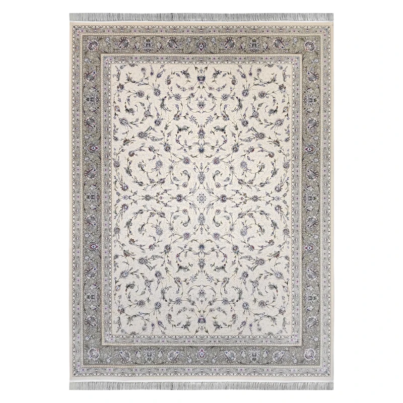 فرش ماشینی 1500 شانه فرش مشهد زمینه کرم حاشیه گردوئی مدل 814004