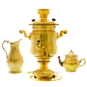 سرویس سماور ذغالی 5 پارچه برنجی مدل سوزنی ساده کد 4163