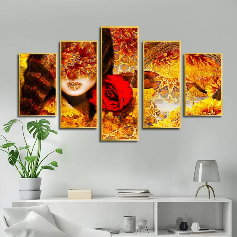 تابلو ساده بکلیت طرح نقاشی سنتی و گل و چهره مدل شاین اکلیلی T-2520 فریم طلایی مجموعه 5 عددی