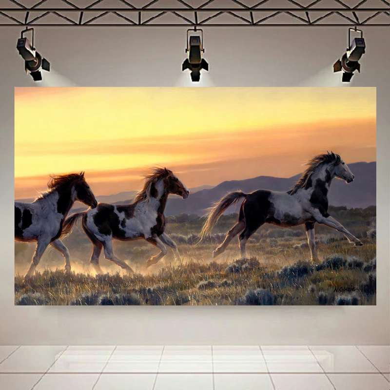 تابلو بوم طرح نقاشی مدل سه اسب و غروب کد AR2765