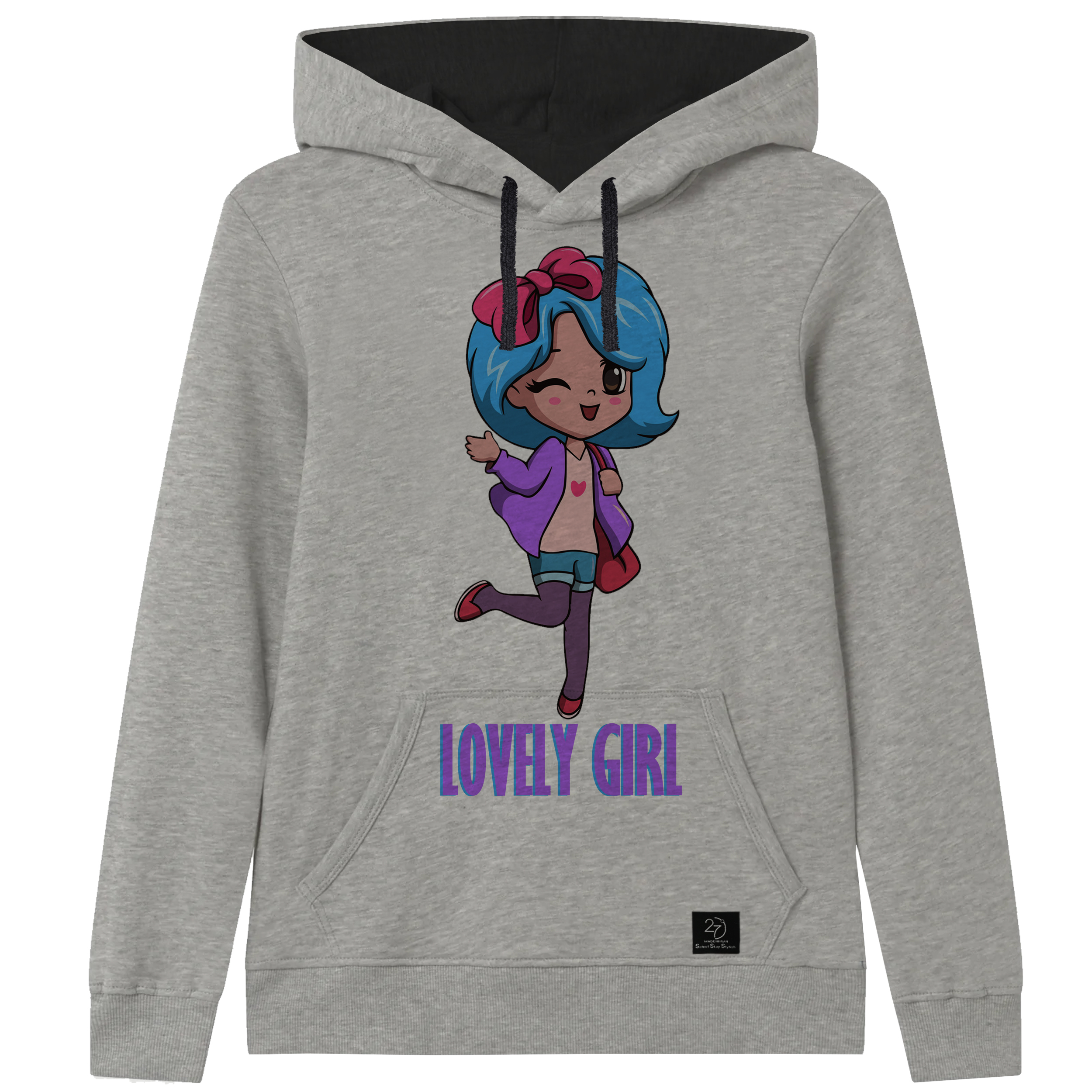 هودی دخترانه 27 مدل LOVELY GIRL کد J46 رنگ طوسی