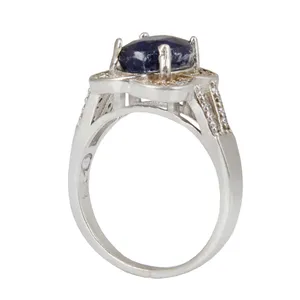 انگشتر نقره یاقوت کبود زنانه مدل آبکاری رادیوم قالب جواهری مخراج کاری برلیان  کد AWRH_2405