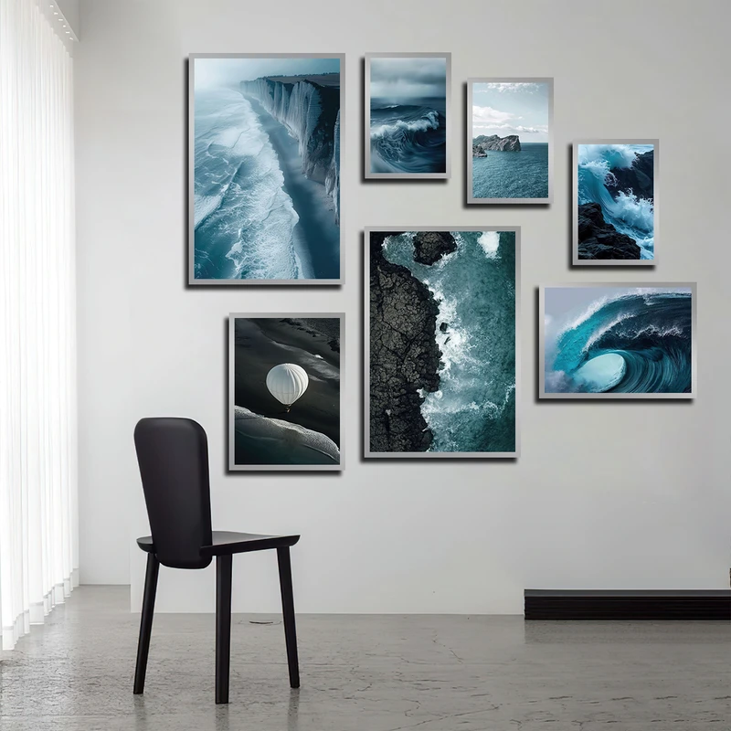 تابلو بکلیت طرح دریا و صخره و بالن مدل SI-3363 فریم نقره ای مجموعه 7 عددی