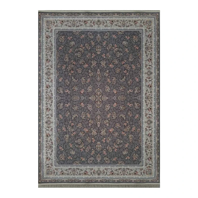 فرش ماشینی 1200 شانه زمینه فیلی حاشیه کرم مدل افشان گل سرخ