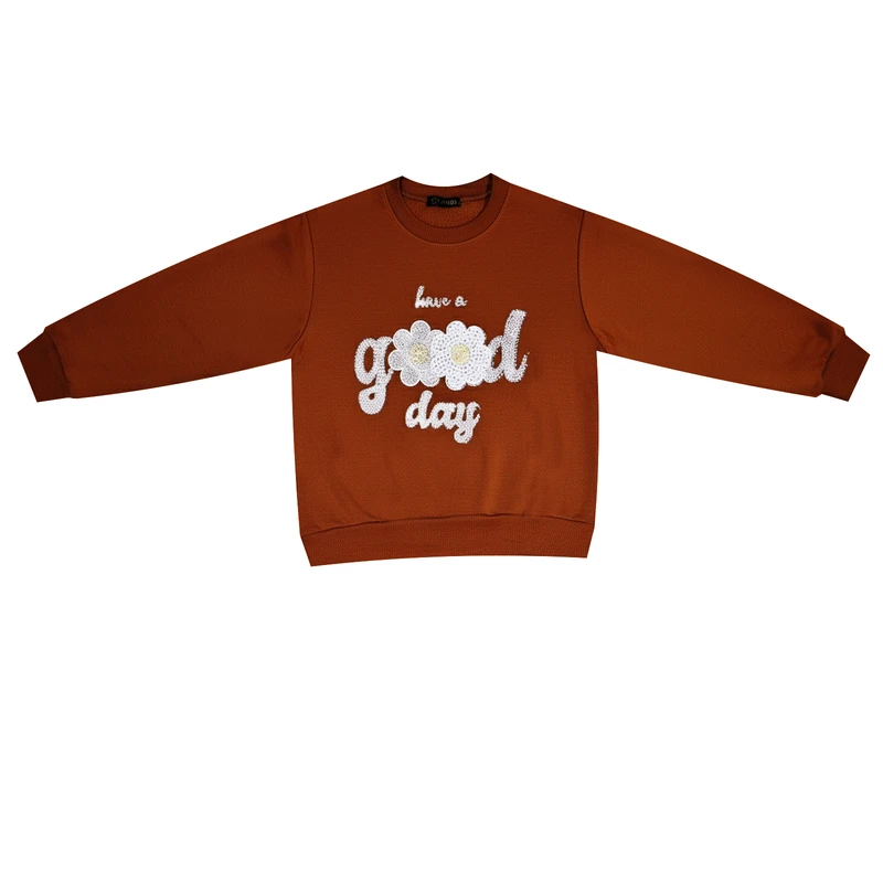 سویشرت کراپ آستین بلند مدل مرواریدی طرح گل