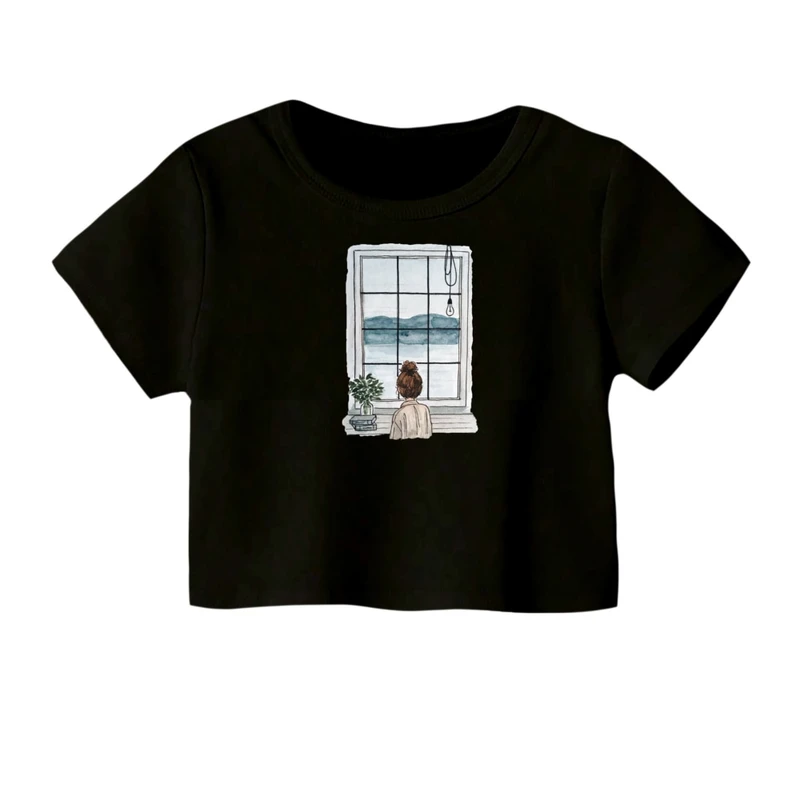 کراپ‌ تی‌شرت آستین کوتاه زنانه مدل پنجره