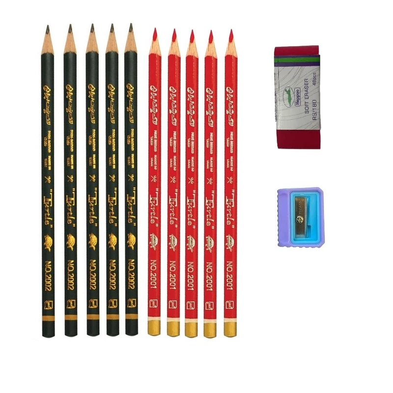 مداد مشکی لاک پشت مدل شیرین به همراه مداد قرمز و تراش و پاک کن مجموعه 12 عددی