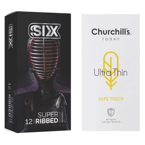 کاندوم چرچیلز مدل Safe Touch بسته 12 عددی به همراه کاندوم سیکس مدل شیاردار بسته 12 عددی 