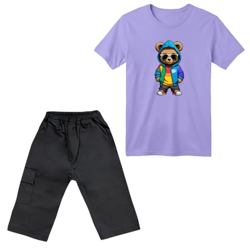 ست تی‌شرت آستین کوتاه و شلوارک پسرانه مدل خرس اسپرت رنگ یاسی