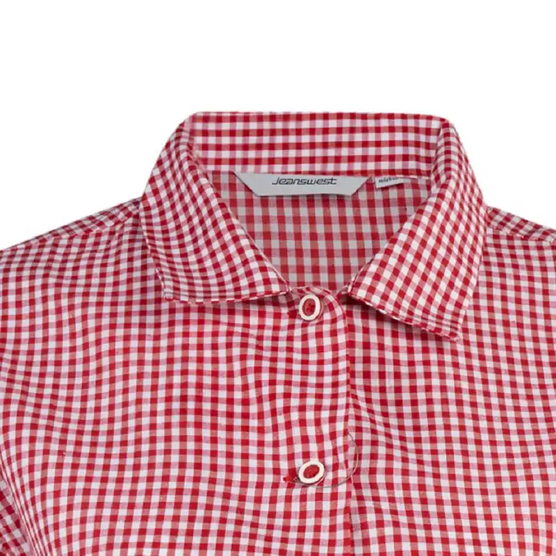 شومیز آستین کوتاه زنانه جین وست مدل چهارخانه کد 203018 رنگ قرمز