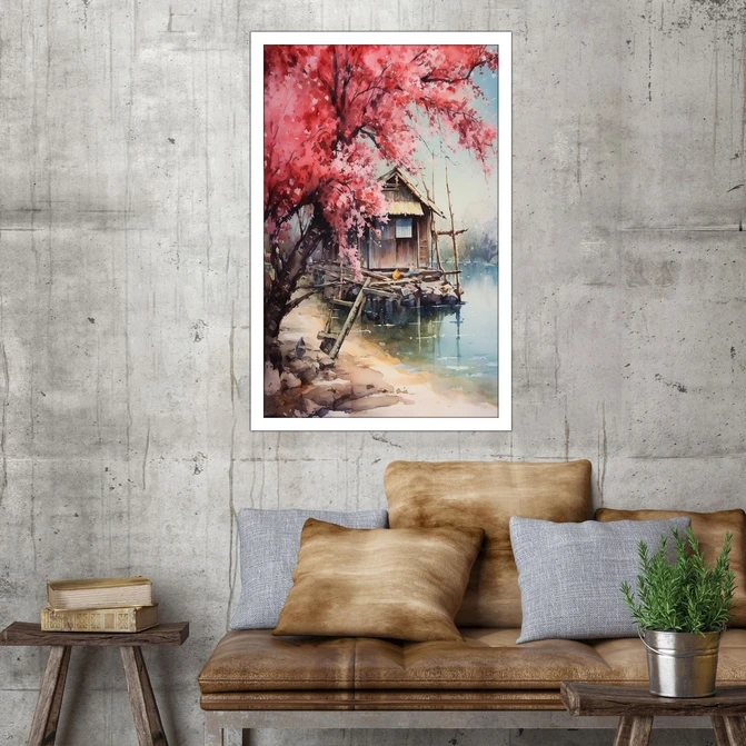 تابلو نوری بکلیت طرح منظره طبیعت بهار و کلبه چوبی مدل W-MID-18364