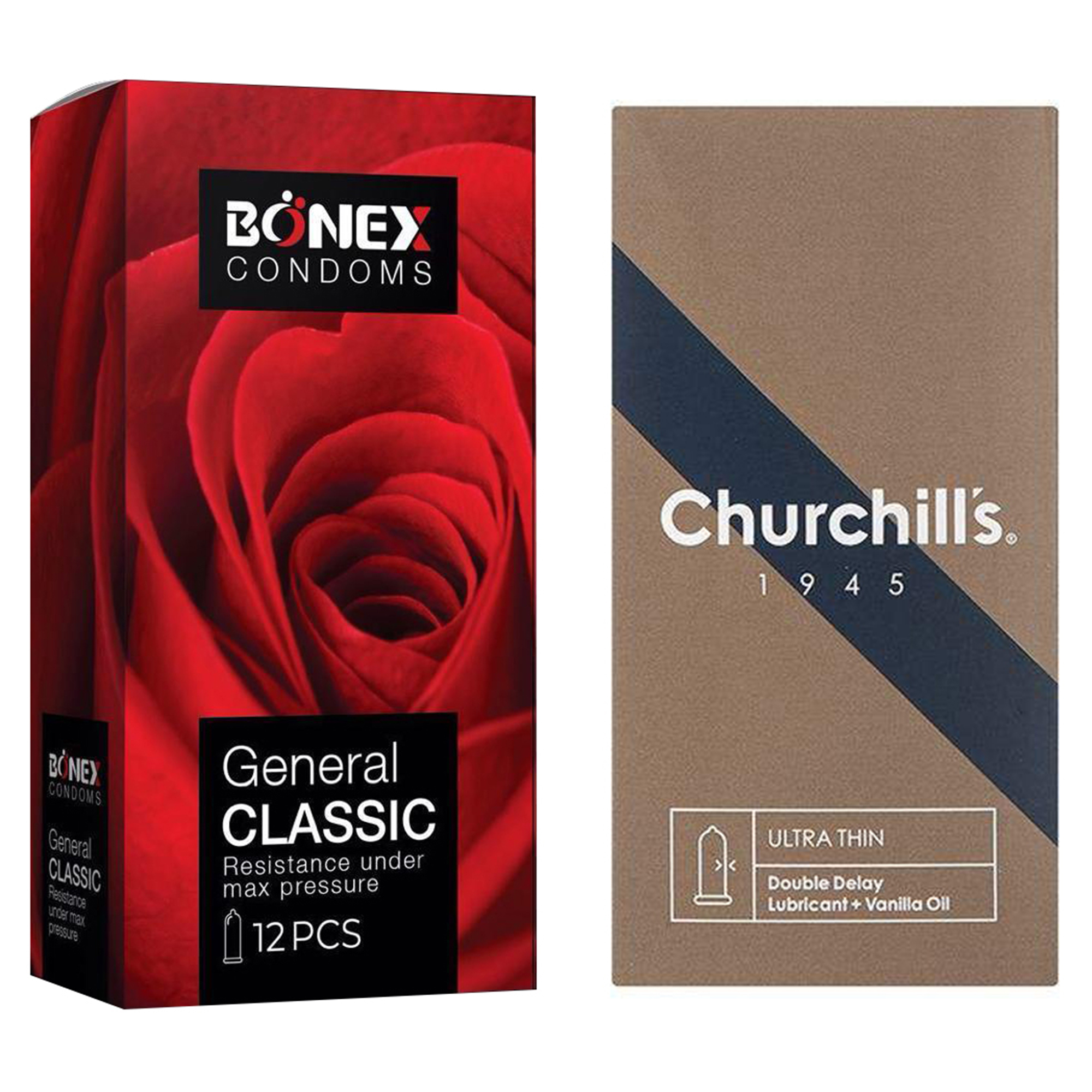 کاندوم چرچیلز مدل Ultra Thin Double Delay بسته 12 عددی به همراه کاندوم بونکس مدل General Classic بسته 12 عددی 