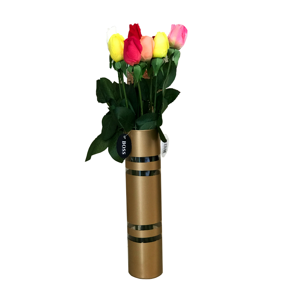 گلدان به همراه گل مصنوعی مدل غنچه رز مجموعه 9 عددی