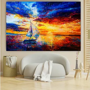 تابلو بوم مدل چرم مخمل طرح نقاشی غروب کشتی کد SDM1454