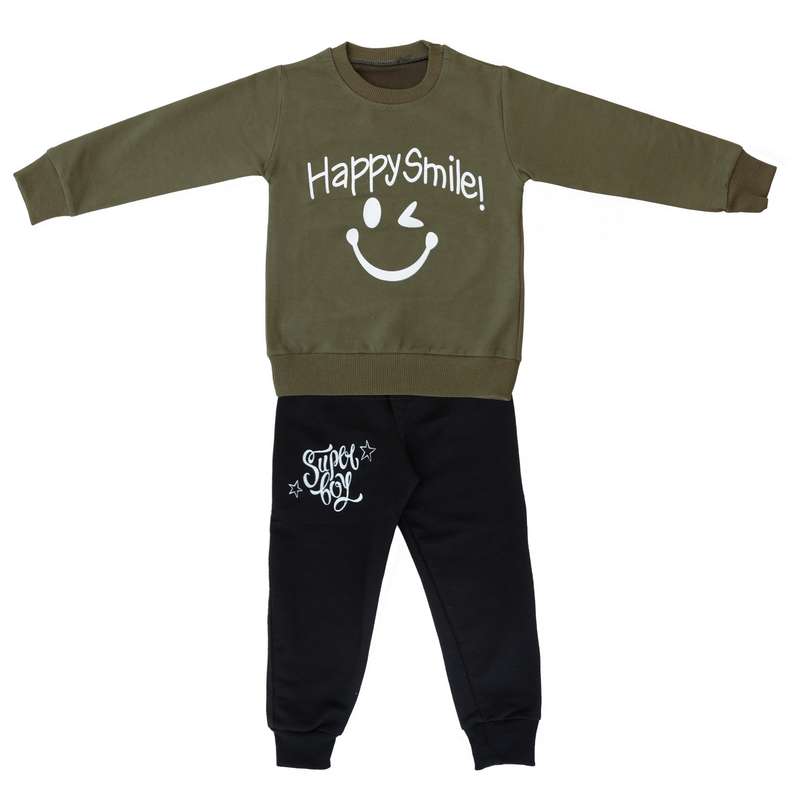 ست تی شرت و شلوار پسرانه مدل happy smile کد 139 رنگ زیتونی