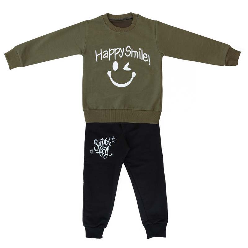 ست تی شرت و شلوار پسرانه مدل happy smile کد 139 رنگ زیتونی