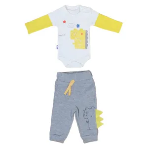 ست بادی آستین بلند و شلوار نوزادی طرح دایناسور مدل cab338p