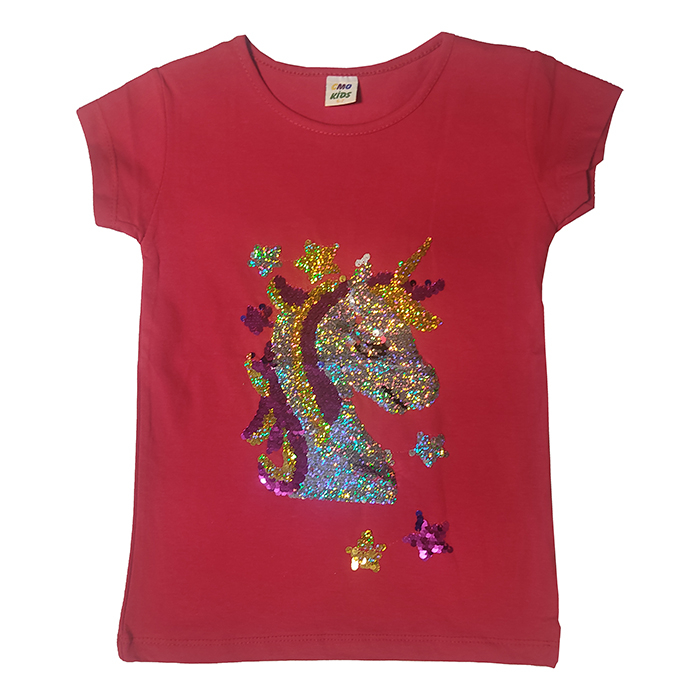 تی شرت آستین کوتاه دخترانه کامو کید  مدل اسب تک شاخ رنگ قرمز 