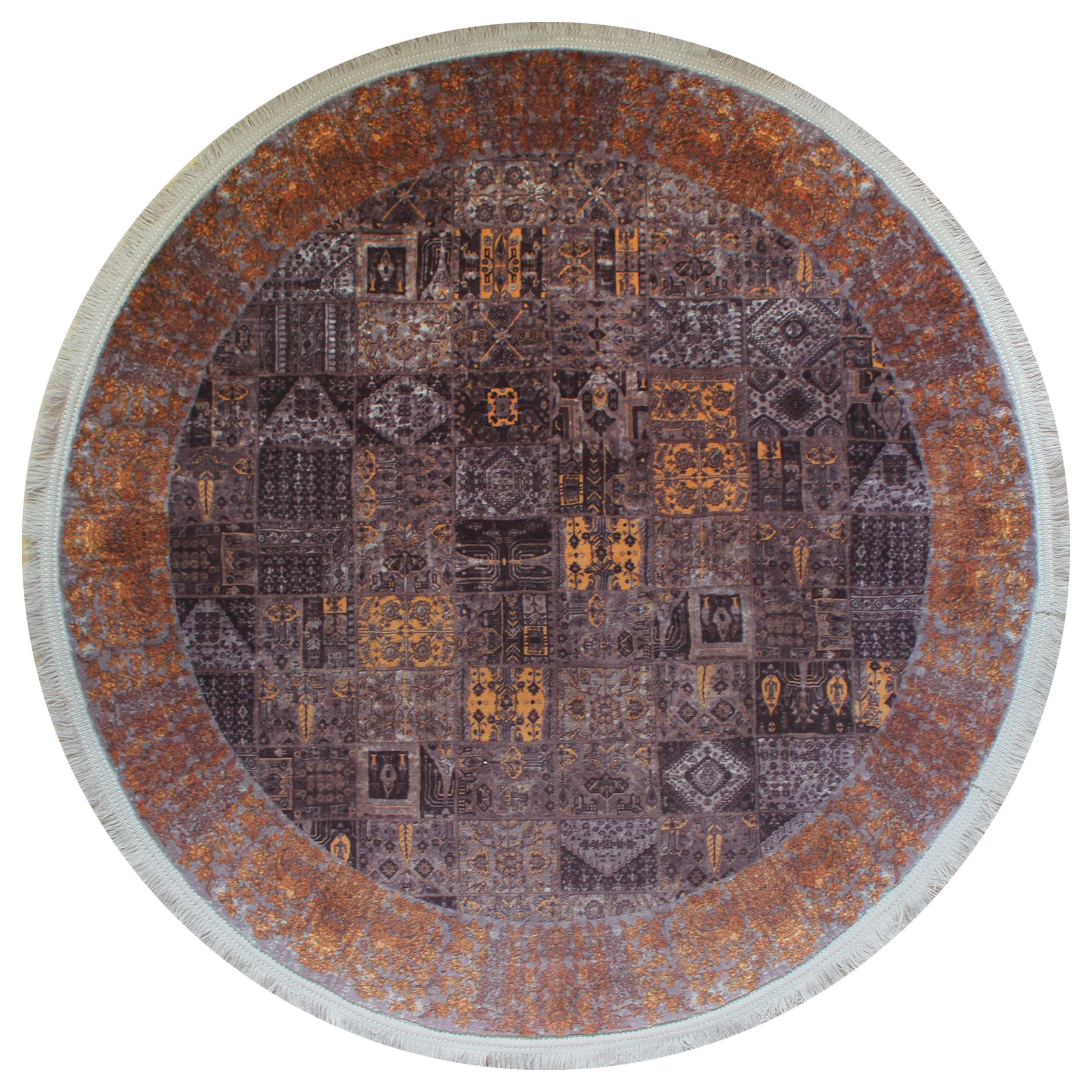 فرش ماشینی مدل گرد طرح الکسندریت زمینه قهوه ای