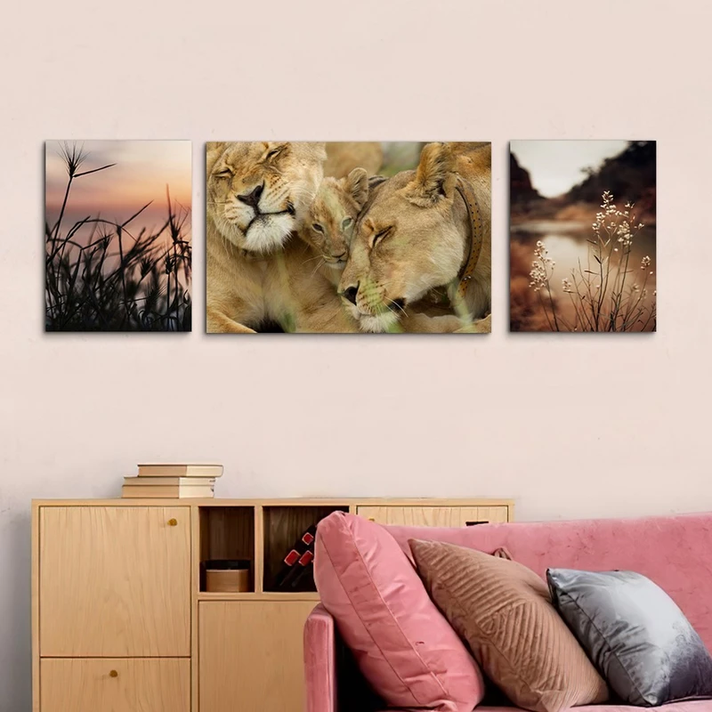 تابلو شاسی بکلیت طرح حیات وحش شیر و گل مدل SH-1000 مجموعه 3 عددی