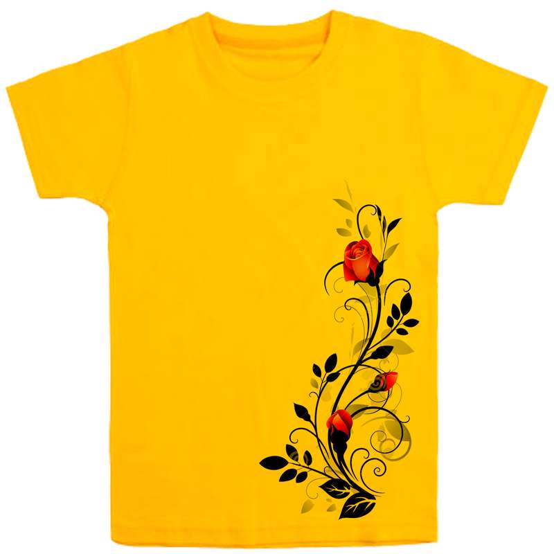 تی شرت آستین کوتاه دخترانه مدل گل حاشیه D18 رنگ زرد