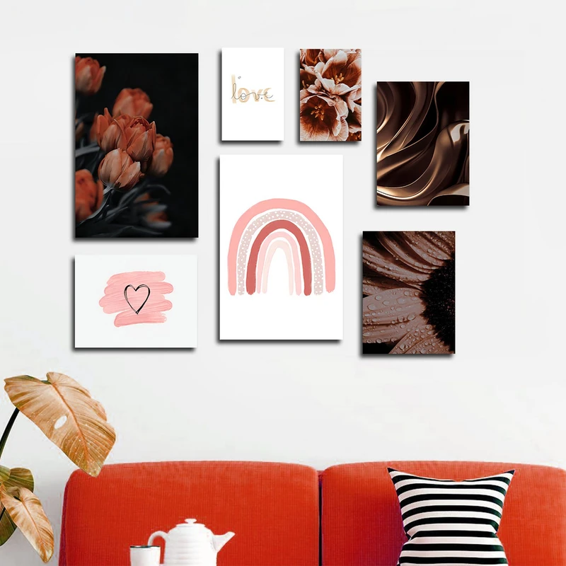 تابلو شاسی بکلیت طرح ترکیبی نقاشی مدرن مینیمال و گل مدل SH-1726 مجموعه 7 عددی