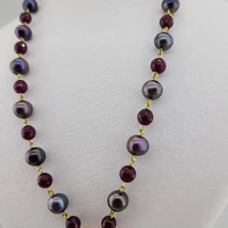 گردنبند زنانه مدل سنگ مروارید و عقیق یاقوتی کد 406