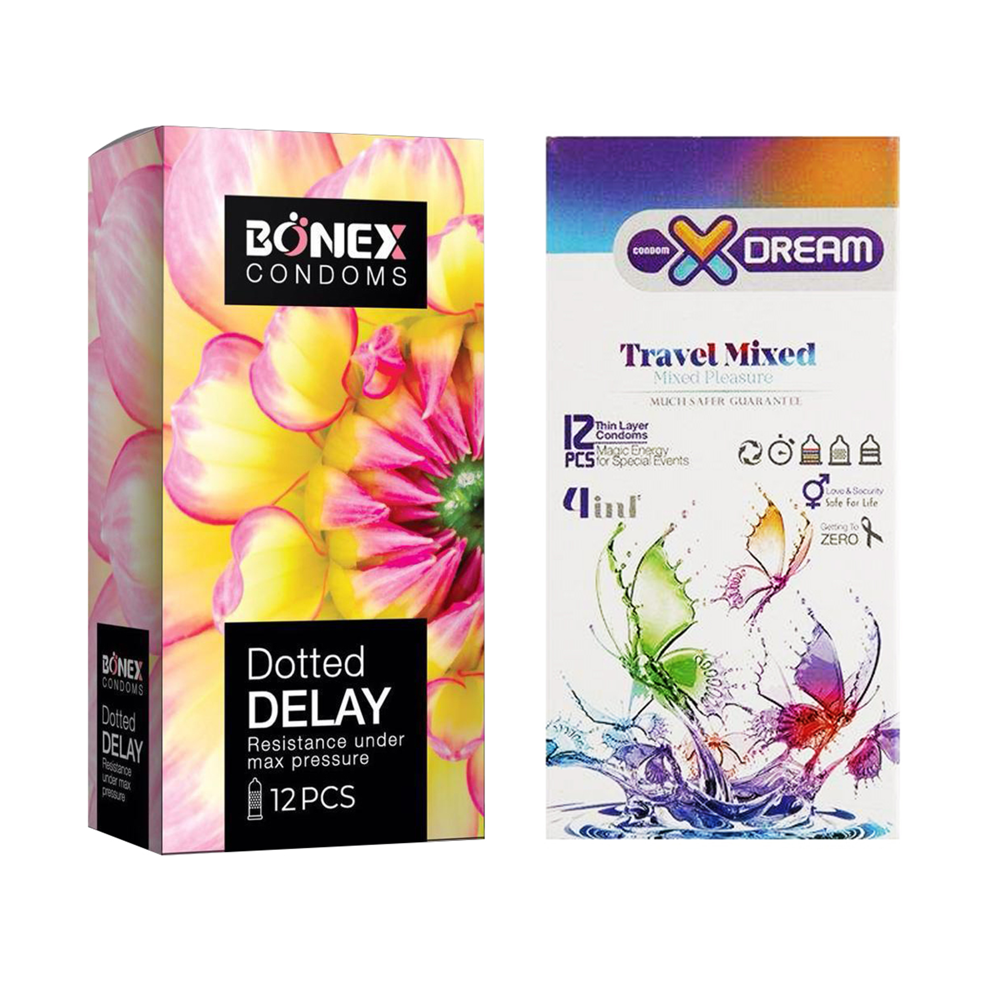 کاندوم بونکس مدل Dotted Delay بسته 12 عددی به همراه کاندوم ایکس دریم مدل Travel Mixed بسته 12 عددی