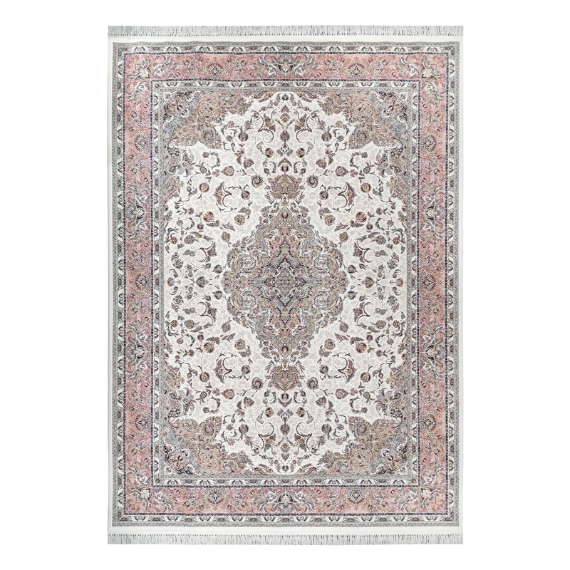 فرش ماشینی 1500 شانه فرش زمرد مشهد زمینه کرم حاشیه صورتی مدل 45001