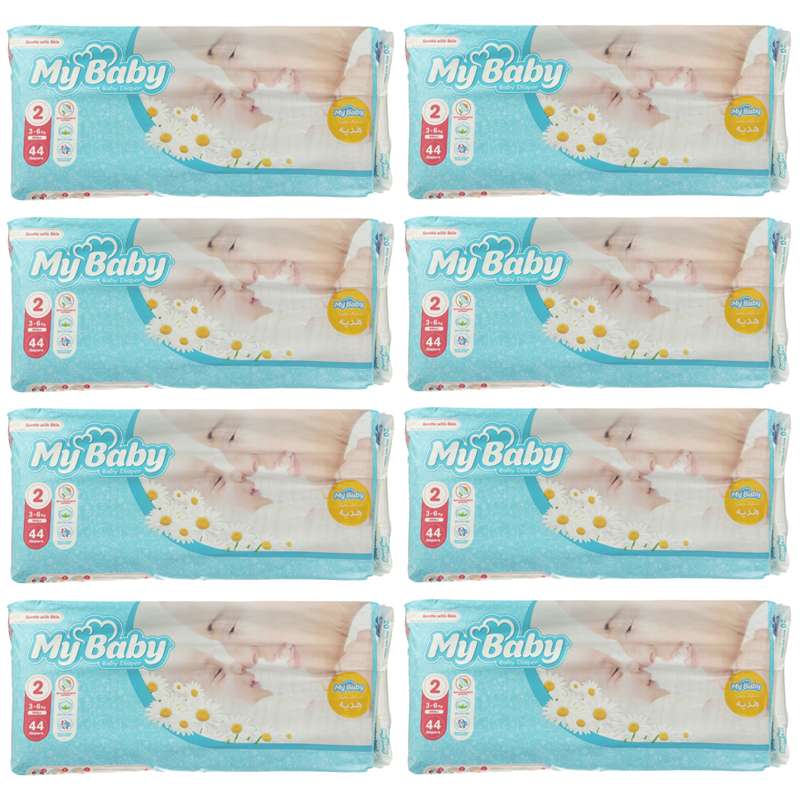 پوشک بچه مای بیبی مدل مهربان با پوست سایز 2 هشت بسته 44 عددی به همراه دستمال مرطوب