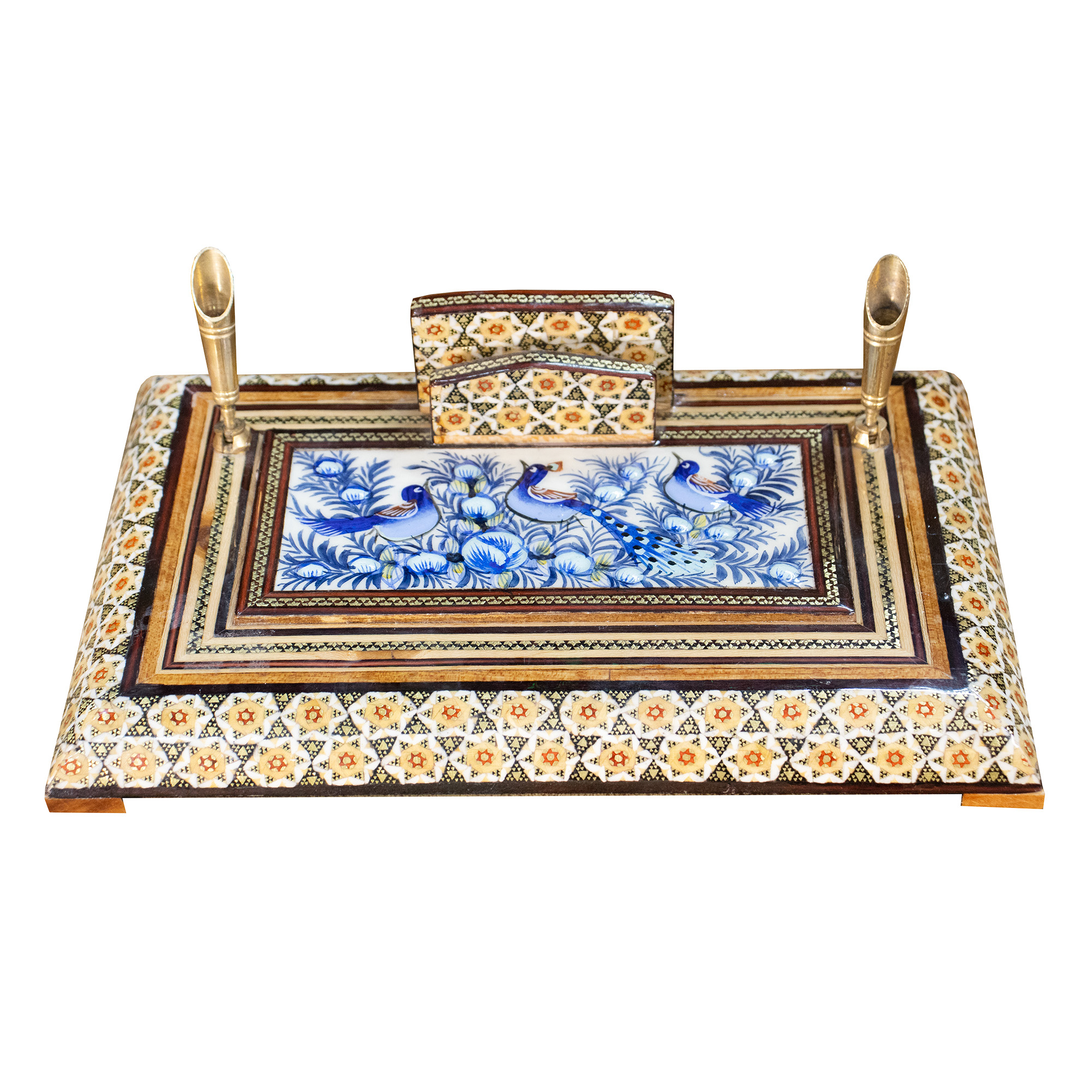 قلمدان خاتم کاری چوبی صنایع دستی فاخر مدل اداری طرح گل و مرغ برجسته کد Bl24p16-3f4