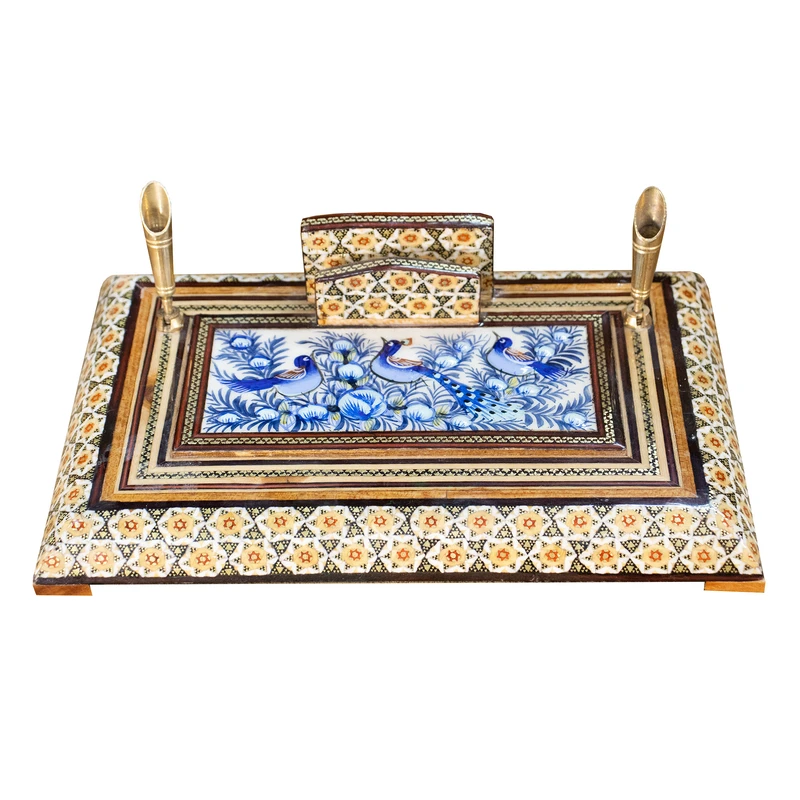 قلمدان خاتم کاری چوبی صنایع دستی فاخر مدل اداری طرح گل و مرغ برجسته کد Bl24p16-3f4