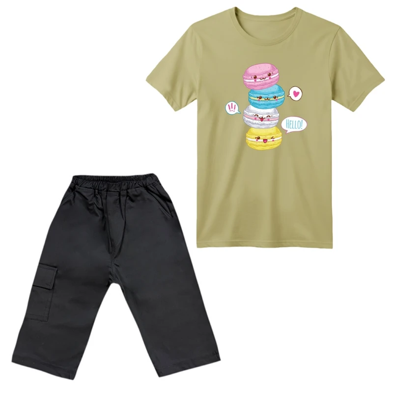ست تی‌شرت آستین کوتاه و شلوارک دخترانه مدل ماکارون رنگ نسکافه‌ای