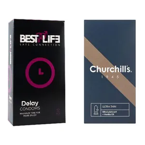 کاندوم چرچیلز مدل Ultra Thin بسته 12 عددی به همراه کاندوم بست لایف مدل Ribbed Delay بسته 12 عددی
