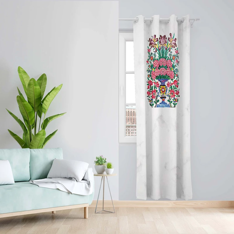 پرده طرح گل و گلدان مدل مخمل پانچی کد 1498 z سایز 140x200 سانتی متر