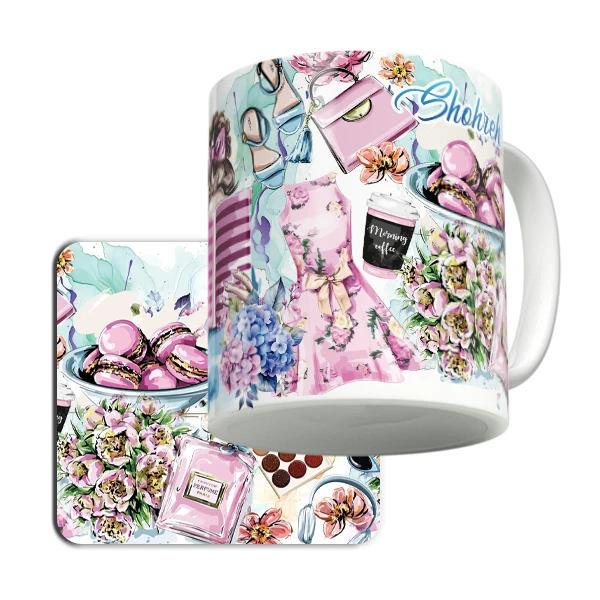 ماگ لاژید مدل اسم شهره طرح نقاشی آبرنگ به همراه زیر لیوانی