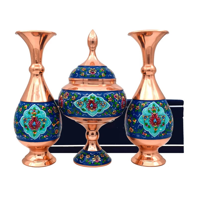 عکس شماره 5 : ست شکلات خوری و گلدان میناکاری مسی طرح پرداز کد 25 مجموعه 3 عددی