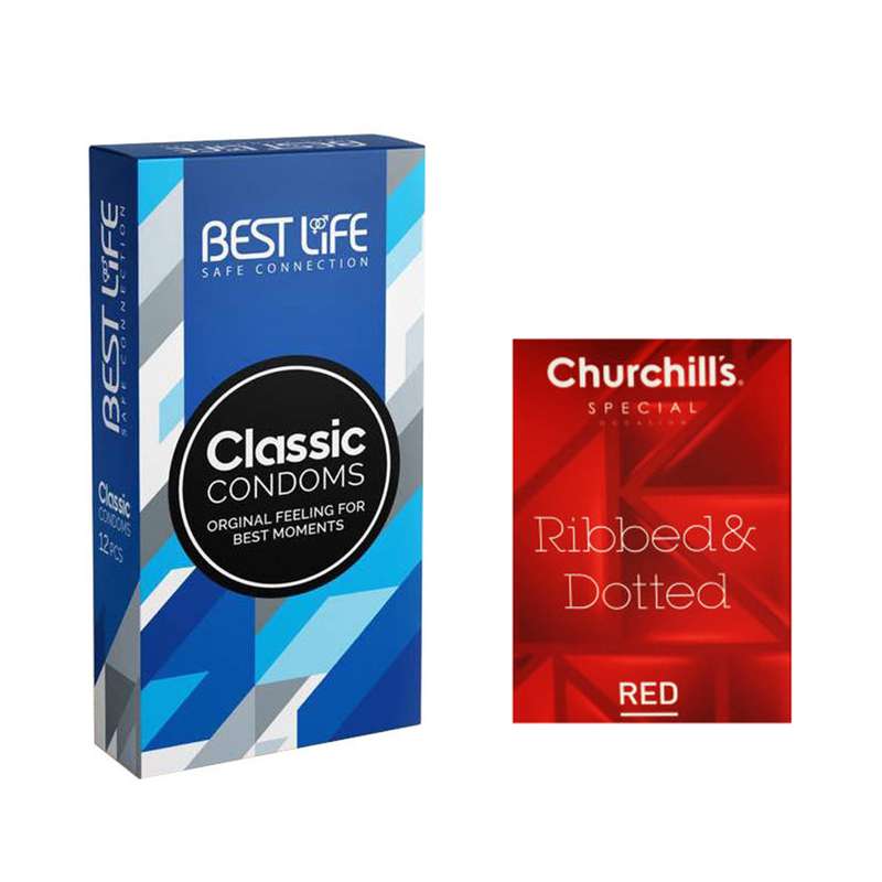 کاندوم بست لایف مدل Classic بسته 12 عددی به همراه کاندوم چرچیلز مدل Hot Gel بسته 3 عددی
