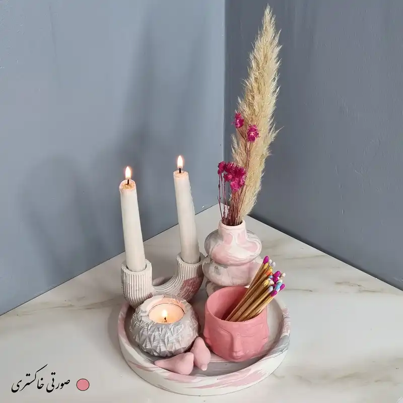 ست 5 تکه جاشمعی و گلدان بتنی طرح آبشاری و چهره مدل دلسا