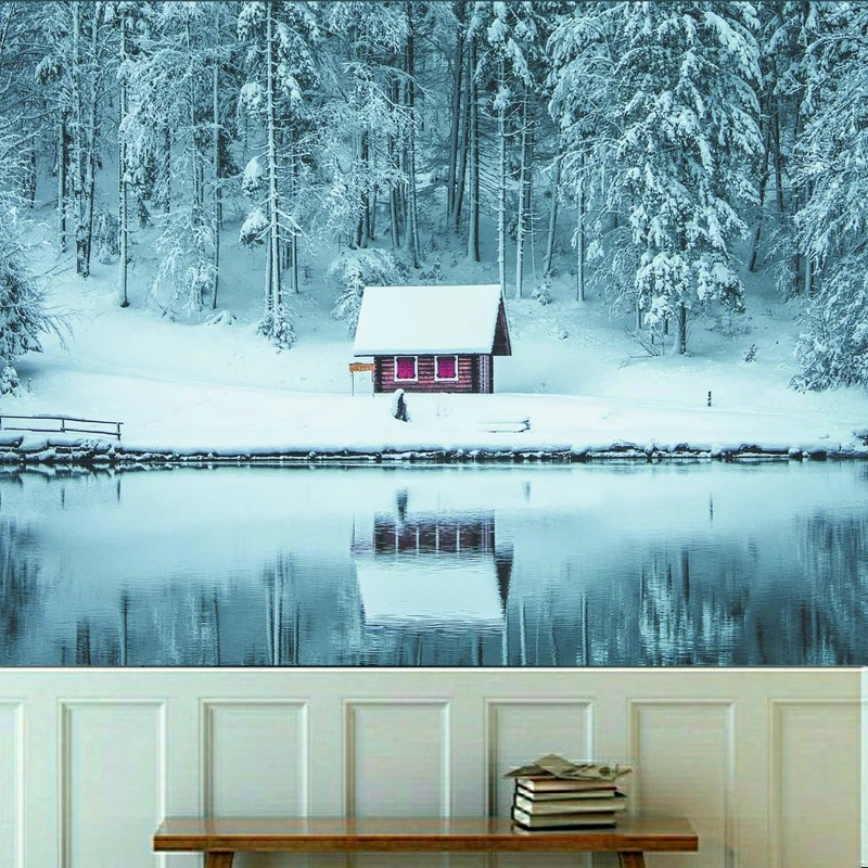 کاغذ دیواری طرح کلبه برفی مدل زمستان کد KF647