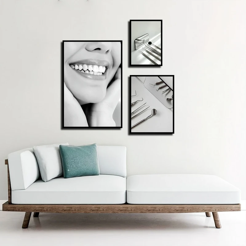 تابلو بکلیت طرح لبخند و ابزار دندانپزشکی مدل B-3895 فریم مشکی مجموعه 3 عددی