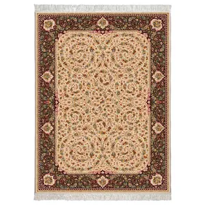 فرش ماشینی محتشم طرح گل فرنگ زمینه بادامی