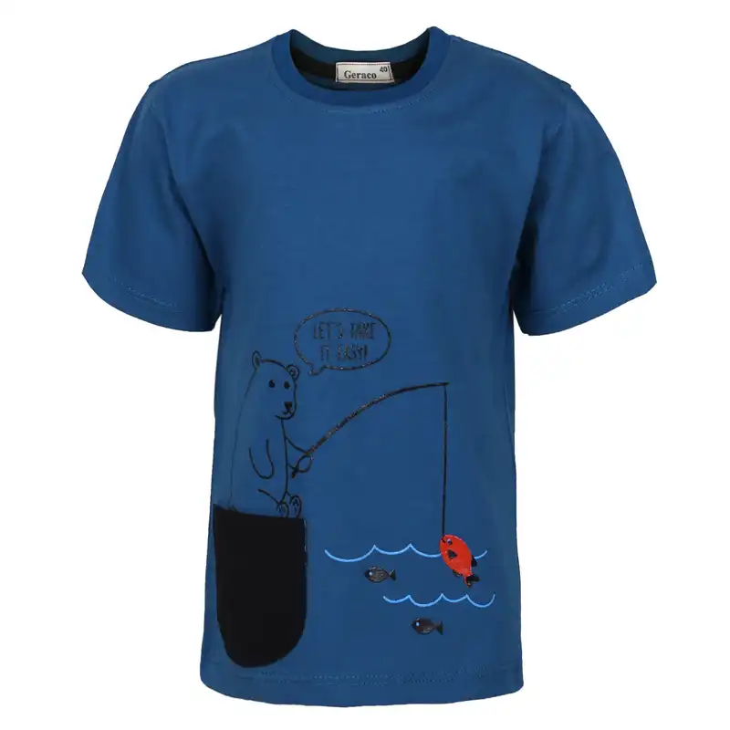 ست تی شرت و شلوارک پسرانه مدل خرس ماهیگیر رنگ آبی