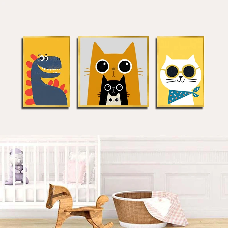 تابلو بکلیت طرح نقاشی گربه مدل T-3770 فریم طلایی مجموعه 3 عددی