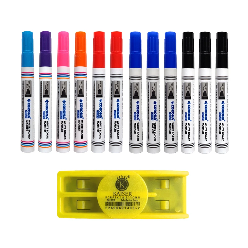 ماژیک وایت برد کرونا طرح گرد مدل CO-4070 به همراه تخته پاک کن بسته 13 عددی ماژیک وایت برد کرونا طرح گرد مدل CO-4070 به همراه تخته پاک کن بسته 13 عددی