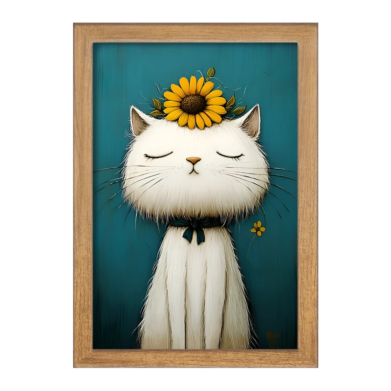 تابلو خندالو مدل گربه و گل آفتابگردان کد F12699